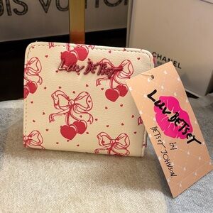 Betsey Johnson Cream and Red Cherry Hearts with Bow Wallet